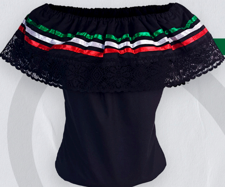 Mexican Blouse black & white and with Tricolor Ribbons