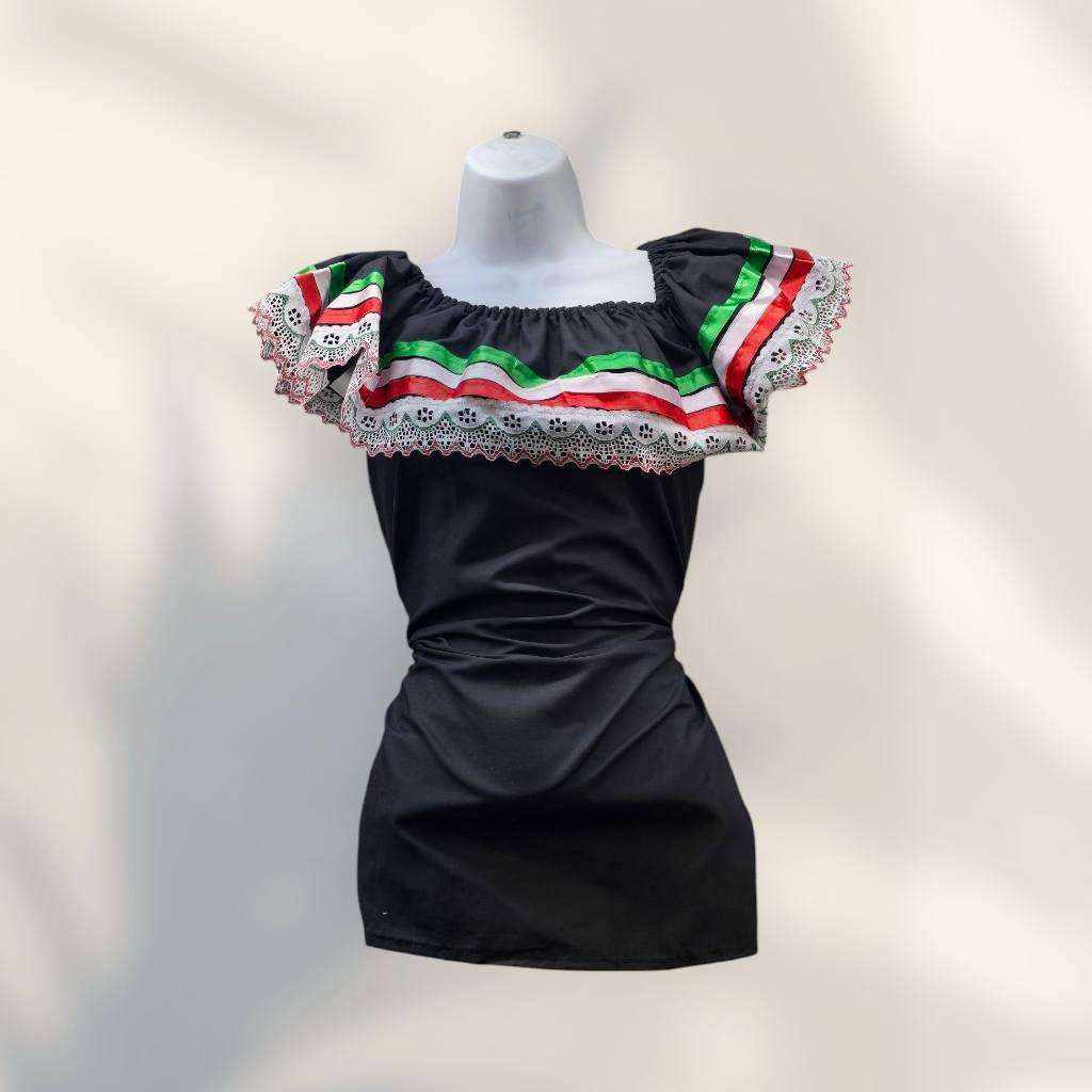 Mexican Blouse black & white and with Tricolor Ribbons - Image 2