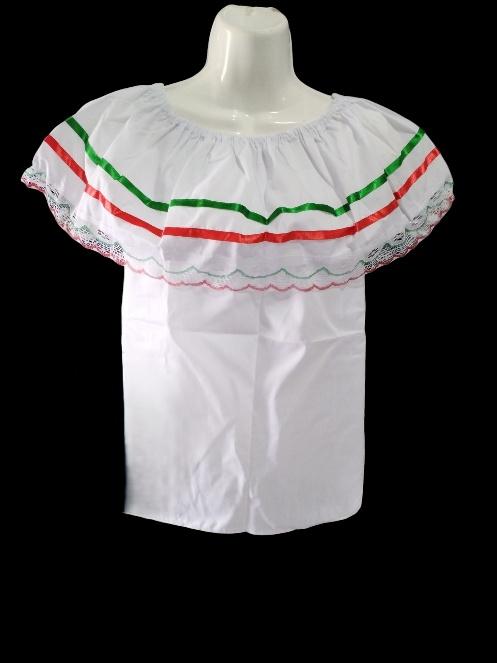 Mexican Blouse black & white and with Tricolor Ribbons - Image 3