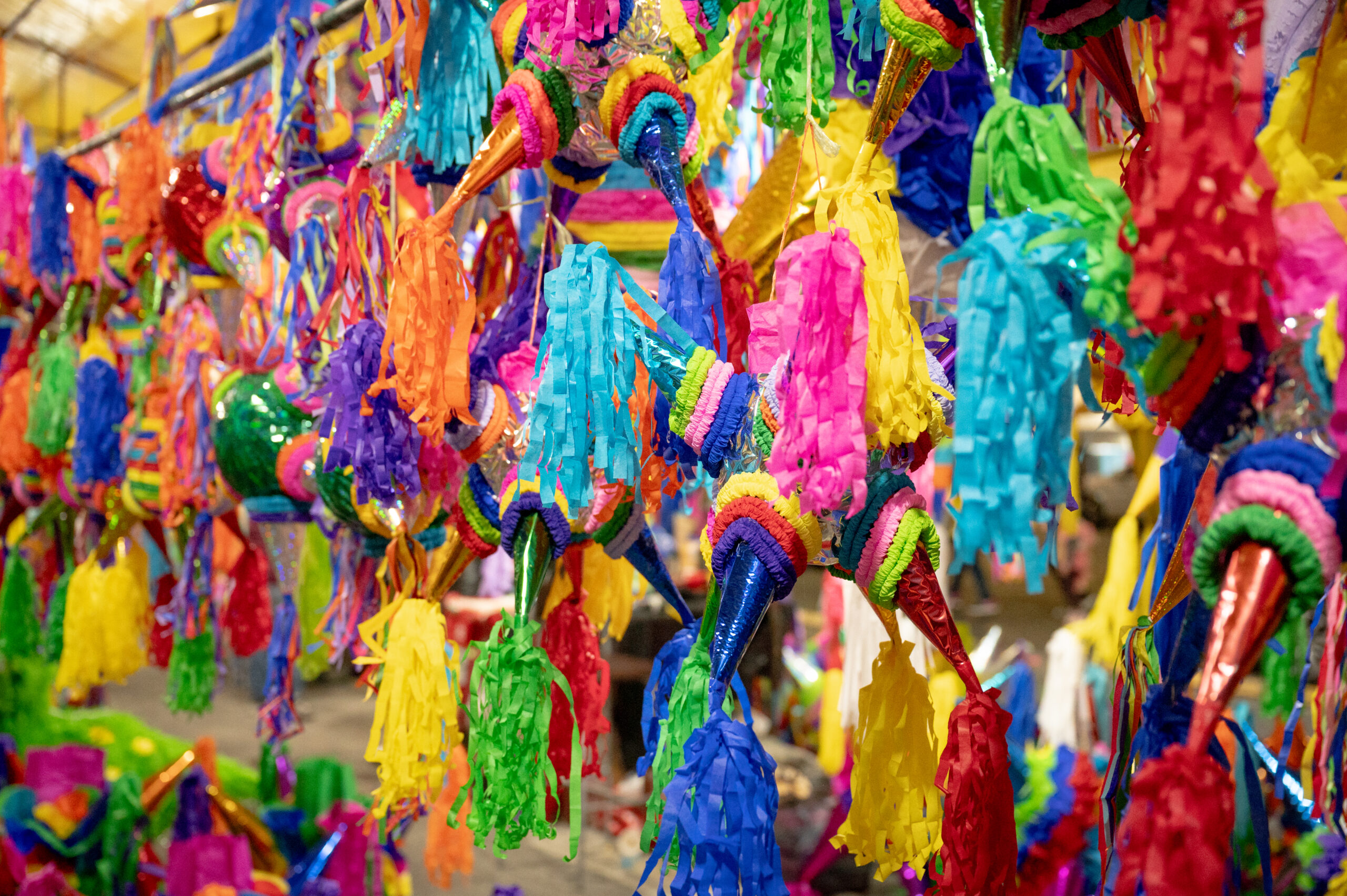Piñatas season in a Mexican market, piñata background
